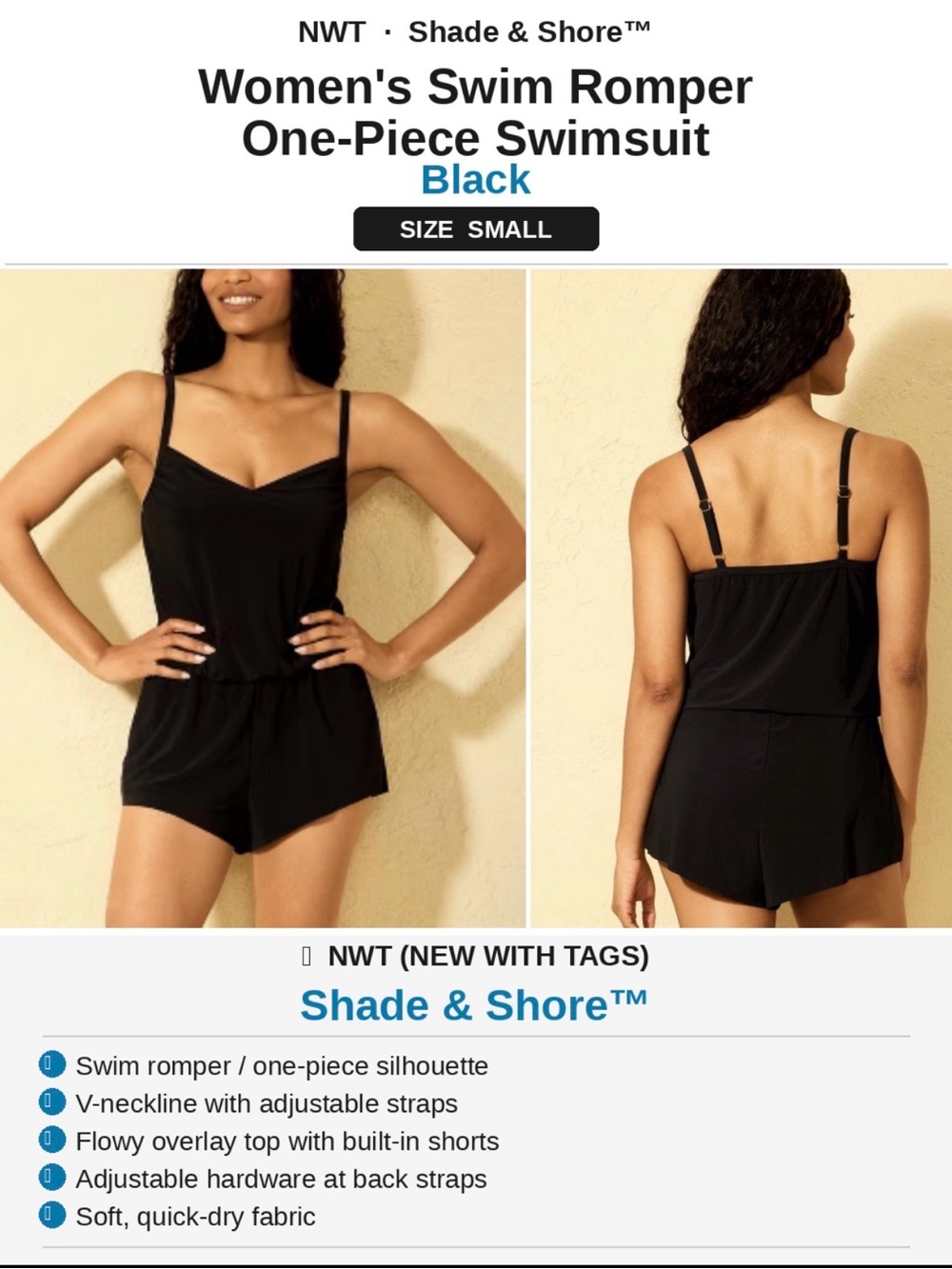 Shade & Shore Black Swim Romper One Piece Swimsuit – Women’s Size Small – NWT